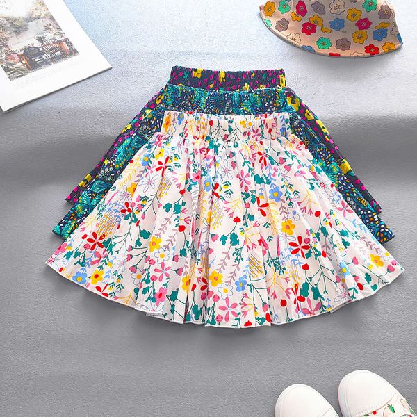 Princess Pleated Skirts Korean Girls Cotton Printed Large Hem Kids Floral Fluffy Party Skirt Children Clothes L2405