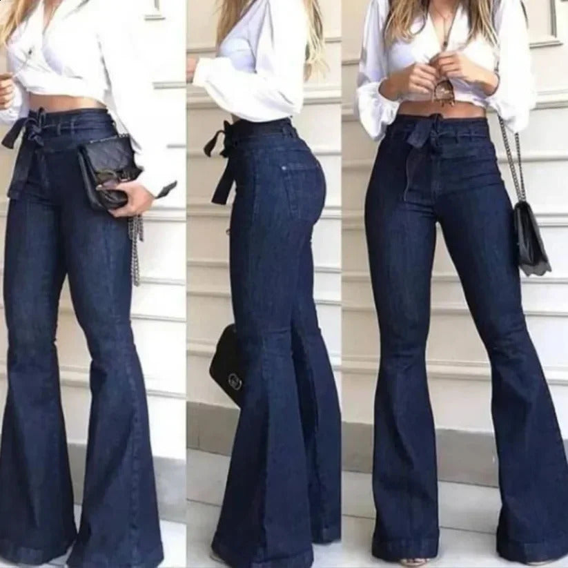 Women Jeans Solid Color High Waist Flare Pants Zipper Fly Flat Pockets Streetwear Slim Patchwork Button Slight Strech Belt 250827