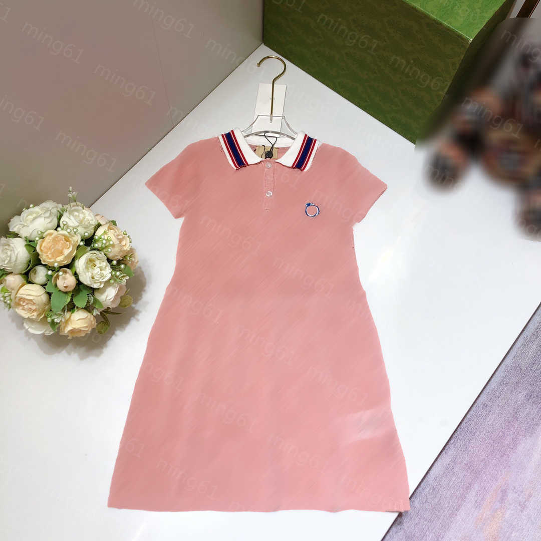 23ss kids designer clothes Girl dresses girls dress Striped lapels match colors logo Embroidery hollowing Waist tuck knitting Short sleeve Polo dres