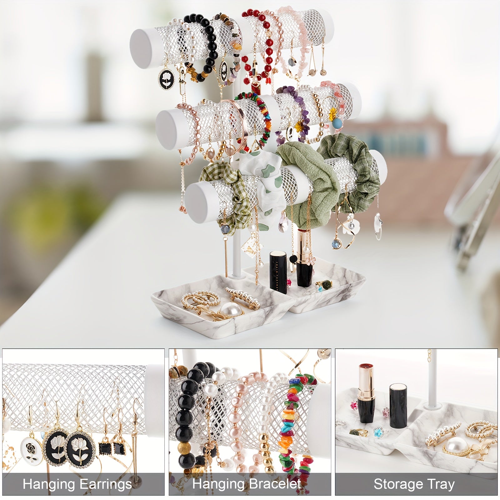 TEMU 3-tier Bracelet Storage Rack, Metal Jewelry Display Stand With Marble Base For Earrings-bracelets-necklaces, Jewelry Display Props, Jewellery