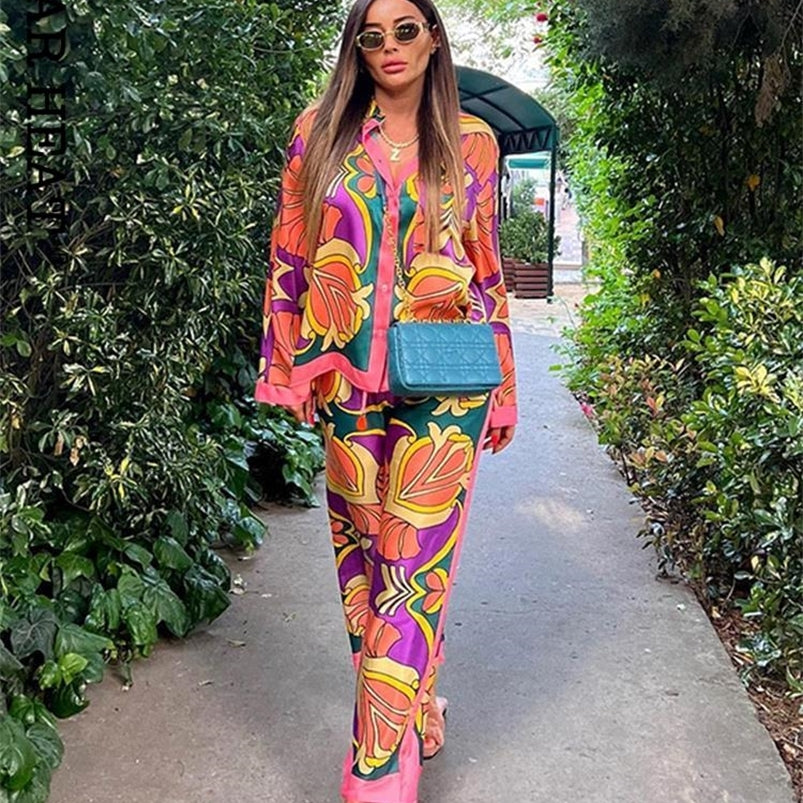 Women&#039;s Two Piece Pants Women Print Shirts Pants Set Casual Long Sleeve Turn Down Collar Top Elastic Waist Trouser Suits Summer Street Outfits