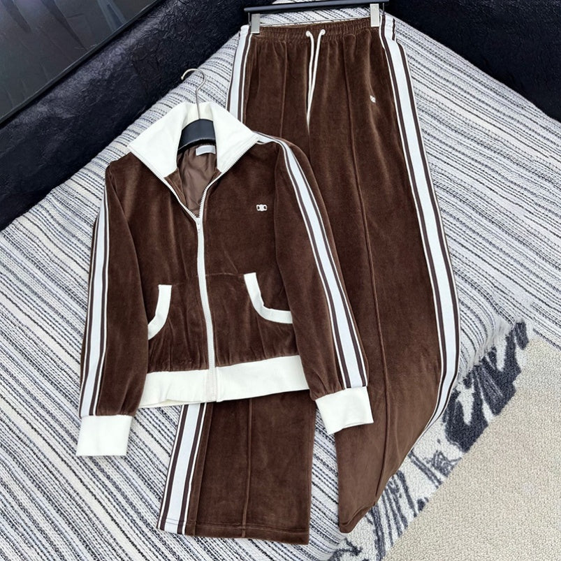 Designer Womens Velvet Jacket Pants Outfits Contrast Color Zipper Outerwear Elastic Waist Webbing Trousers Tracksuits Sports Casual Long Sleeve Lape