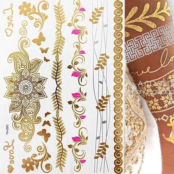 Temporary Tattoos 1 sheet Flash Boho Metallic Gold Feathers Shimmering Jewellery Festival Temporary Tattoo z241111