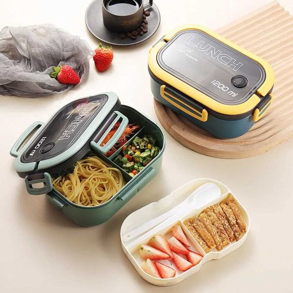 2 Layers Portable Student Lunch Box with Fork Spoon Can Be Heated In The Microwave Leakproof Thicker PP Plastic Split Lunch BoxXJ240829