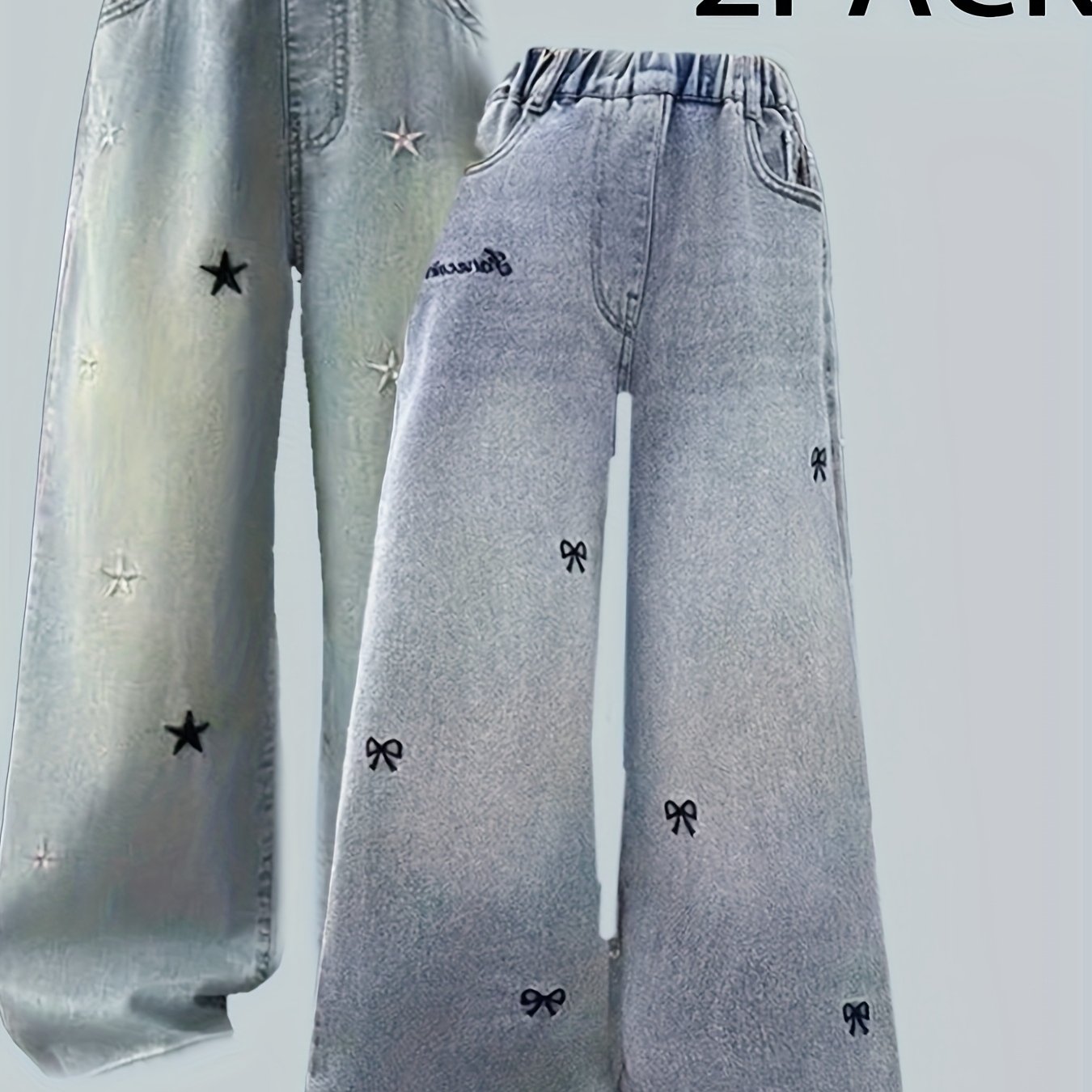 TEMU 2-pack Teen Girls' Y2k Stretchy Jeans - Elastic Waistband Non-see-through Denim Pants, Machine Washable Jeans For Skateboarding, Halloween,