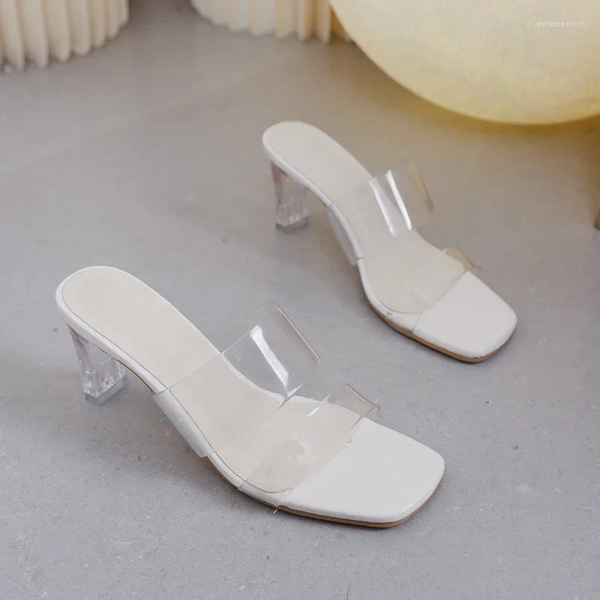 Slippers For Women Shoes Peep Toe Transparent Casual Slides Female Square High Heels