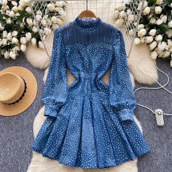 New socialite style high-end stand up collar dress autumn mesh splicing star print waist slimming A-line mid length skirt