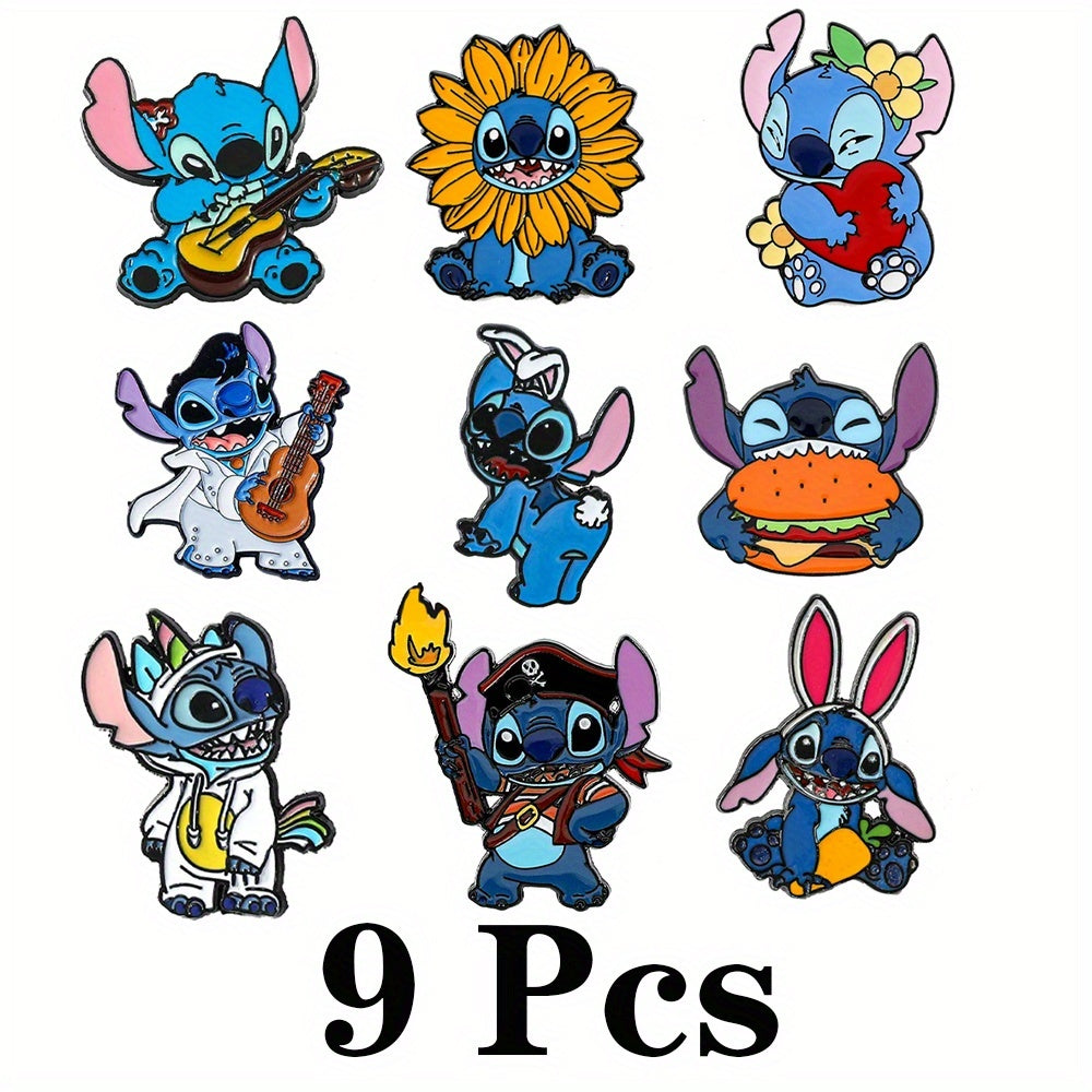 TEMU 9pcs Stitch Enamel Pins - Cute Anime Cartoon Metal Badges With Guitar, Sunflower & , Vibrant Colors For Backpacks, Jackets, Hats - Collectible