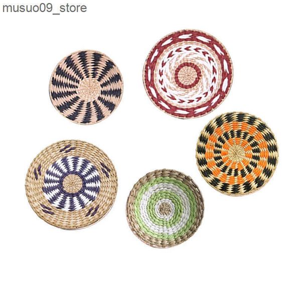 Decorative Plates Nordic Style Combination Wall Decoration Rattan Woven Grass Weaving Round Plate For Home Decoration Bedroom Background Dec