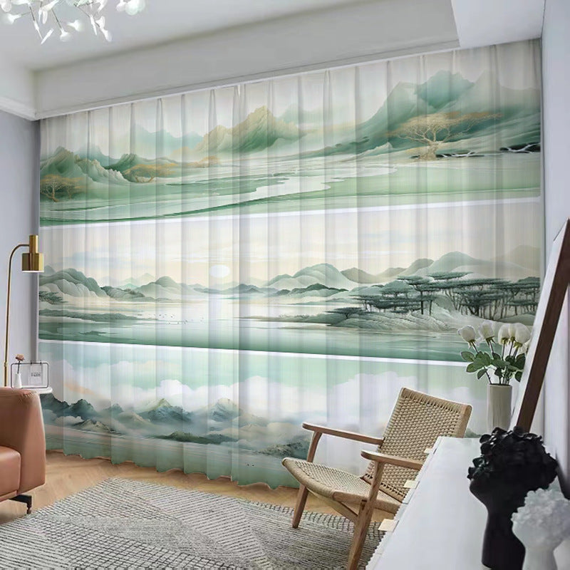 YL-37055 Chinese style ink landscape painting, new Chinese style curtains, new mesh curtains, classical and simple living room window curtain
