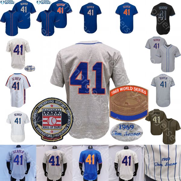 Baseball Tom Seaver Jersey 1969 WS Hall Of Fame Patch Black Cream Pinstripe Blue Grey Orange Fans Player Pullover Salute to Service Size S-3