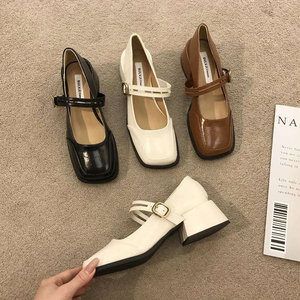 Women&#039;s Fashion Dress Shoes:High Heel French Retro Square Toe Chunky Heel Mary Jane Shoes Leather,Black-Brown-Apricot,Free Shipping 316