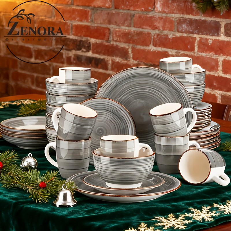 TEMU 32pcs Dinnerware Set, Classic Grey Handmade Porcelain Bowls And Plates. Dishwasher & Microwave & Oven Safe. Healthy Stoneware Tableware For