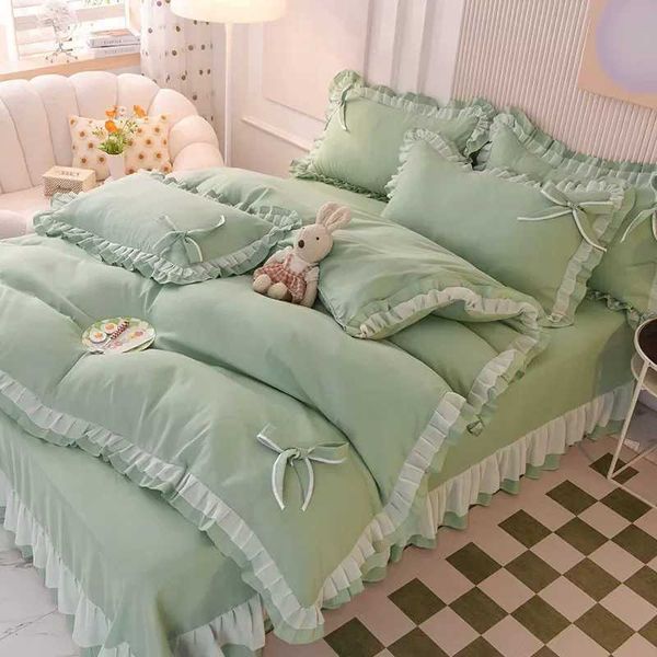 Green Bedding Sets Kawaii Seersucker Bed Sheet Pillowcase Fashion Girl Princess Duvet Cover 4 Pieces Cute Home DecorationC241021