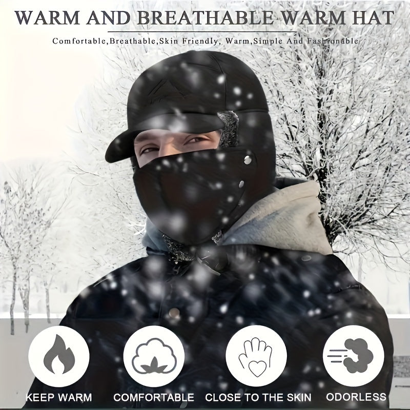 TEMU Winter Warm Hat With Detachable Face Mask And Thick Fleece Lining - Windproof, For Skiing, Ice Skating, Mountain Biking - Black, Cold Weather