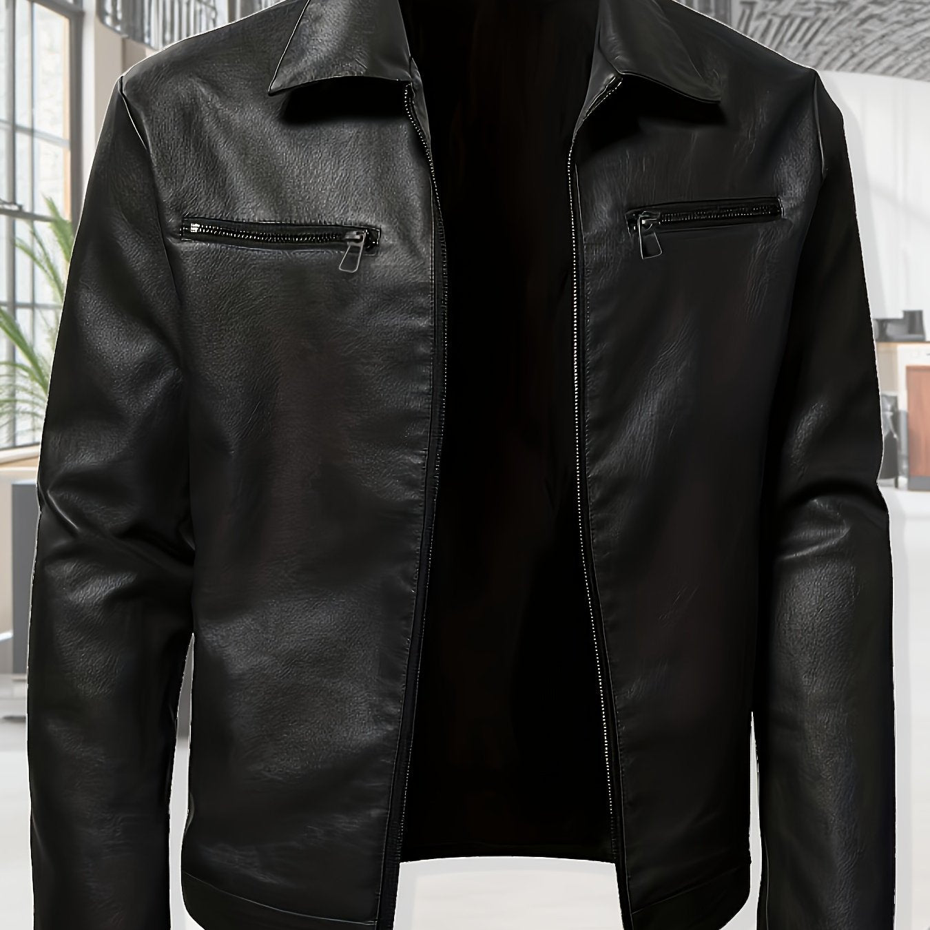 TEMU Men's Plus Size Jacket - Black Zip-up Coat With Front Pockets, Non-stretch Formal & Casual Outerwear For Everyday , , Event Attire, , Durable