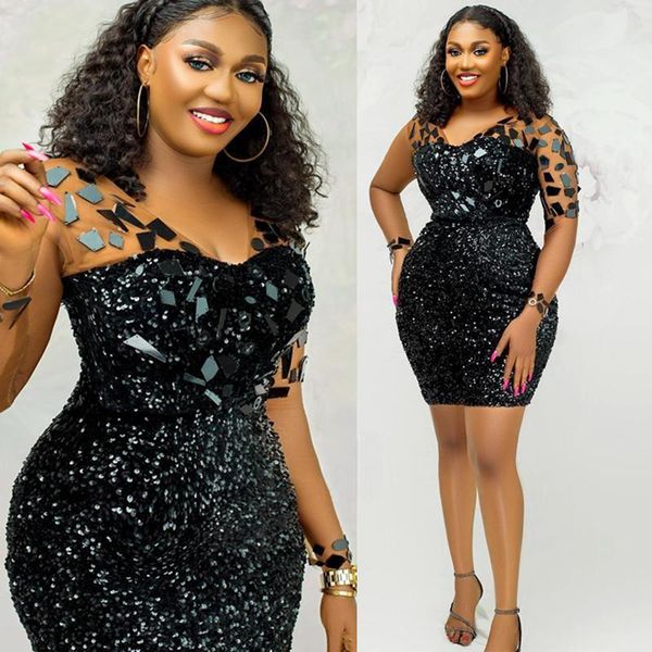 2024 Aso Ebi Black Cocktail Dresses For Women Evening Wear Birthday Gowns Illusion V Neck Long Sleeves Mirror Sequins Graduation Gowns for A