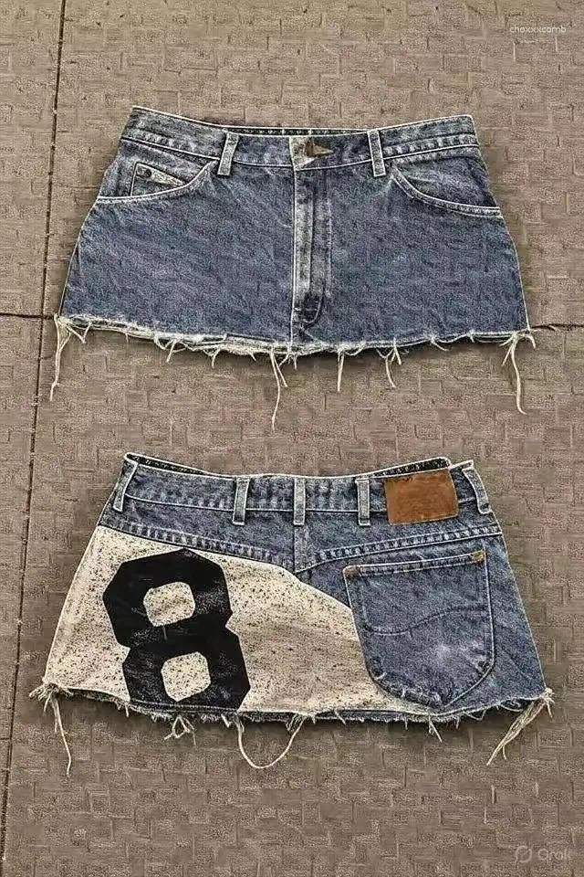 Skirts Streetwear Vintage Patchwork Denim Mini Skirt Slim Fit Shorts Womens Distressed Frayed Jean With Number Graphic Y2K Style