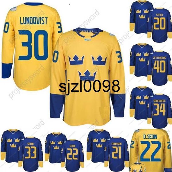 Sj98 2016 World Cup Team Sweden Hockey Jerseys Lundqvist Markstrom Ekman larsson Sedin Eriksson Steen Backstrom Silfverberg Custom Hockey Je