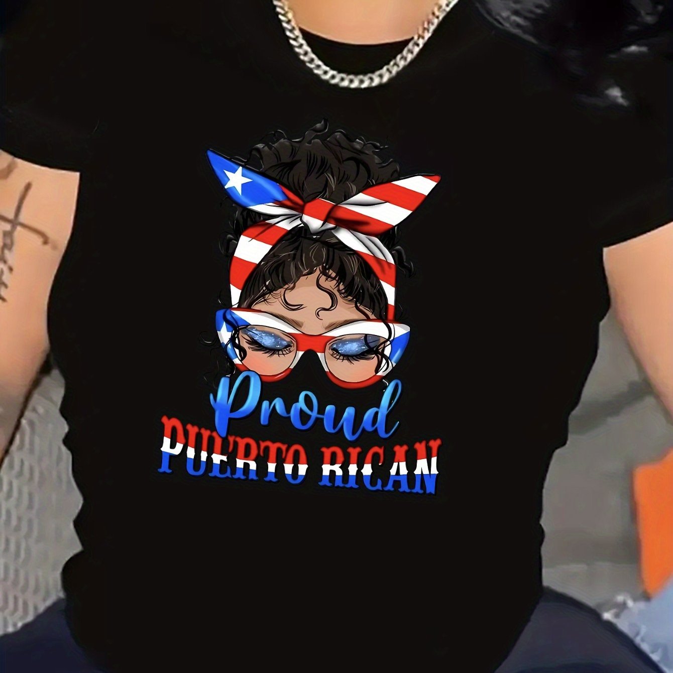 TEMU Women's Puerto Rican Flag Graphic Tee, Casual Round Neck Short Sleeve Sporty T-shirt, Fashionable Ladies Activewear Top