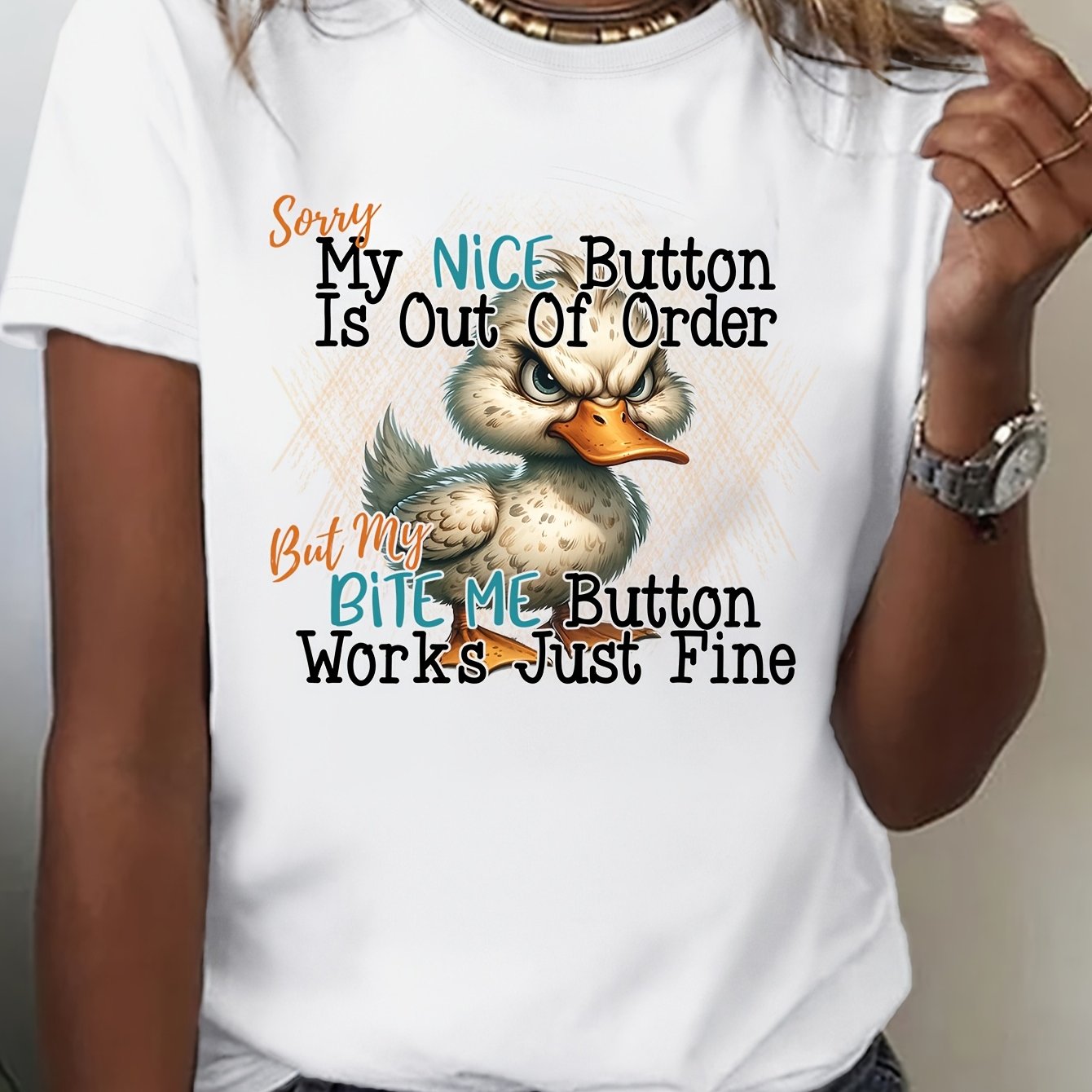 TEMU Nice Button Duck Tumbler Women's Casual T-shirt, , Breathable, Creative Print For Any Season