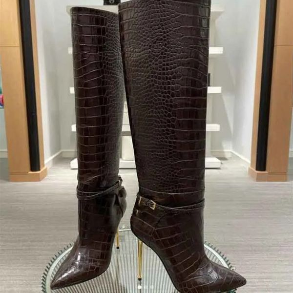 Women&#039;s designer tall Boots Leather knee high boot gold Stiletto Heel point toe winter fashion dress shoes factory footwear with box si