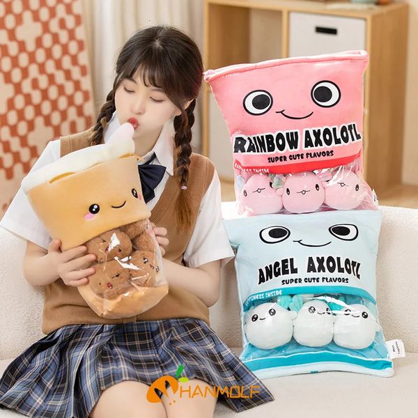 Six Balls Pink Blue Axolotl Bag Cartoon t Animal Squishy Mini Dolls Plush Pillow Office Nap Food Snack Plushie Peluche Gift 240103