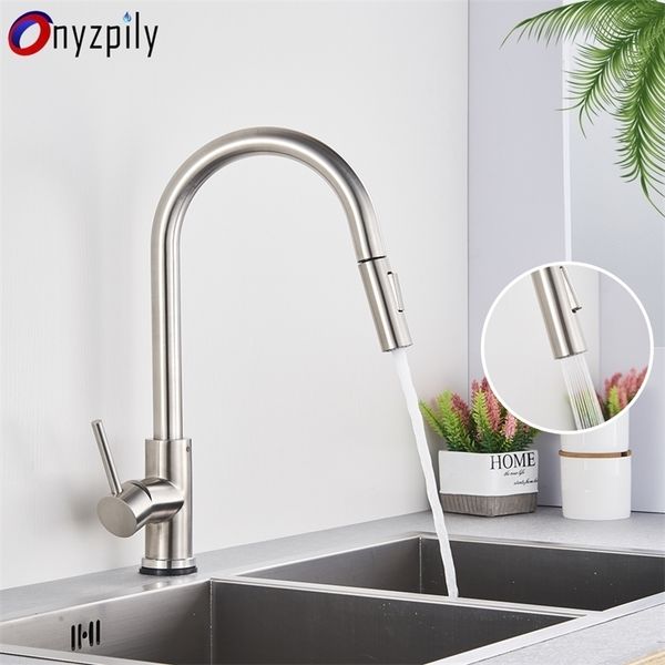Kitchen Faucets Onyzpily Brushed Nickel Mixer Faucet Single Hole Pull Out Spout Sink Tap Stream Sprayer Head Chrome-Black 221109