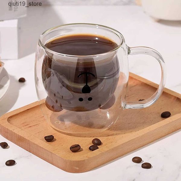 Mugs 250ML Double Bear Cup Cute Coffee Mug With Handle Transparent Cute Milk Juice Tea Drinking Cups Insulated Espresso Utensils J241204