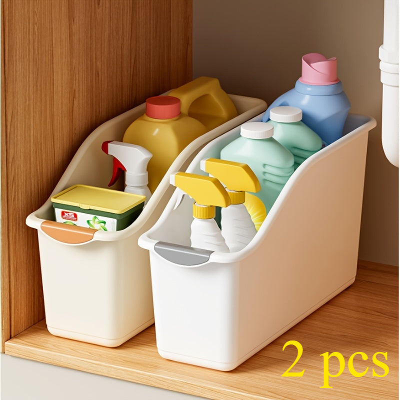 TEMU 2pcs Modern Curved Plastic Storage Bins - Multifunctional Organizer For Home & Kitchen, Ideal For Cleaning Supplies, Dish Soap, And More -
