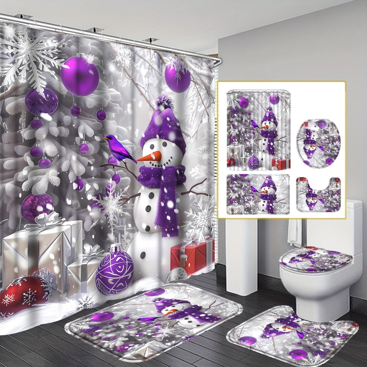TEMU 4pcs Purple Snowman Shower Curtain Set, Christmas Snowman Pattern Bathroom Decorations With 12 Hooks, Bathroom Rug, Toilet Mat, Toilet Lid Cover