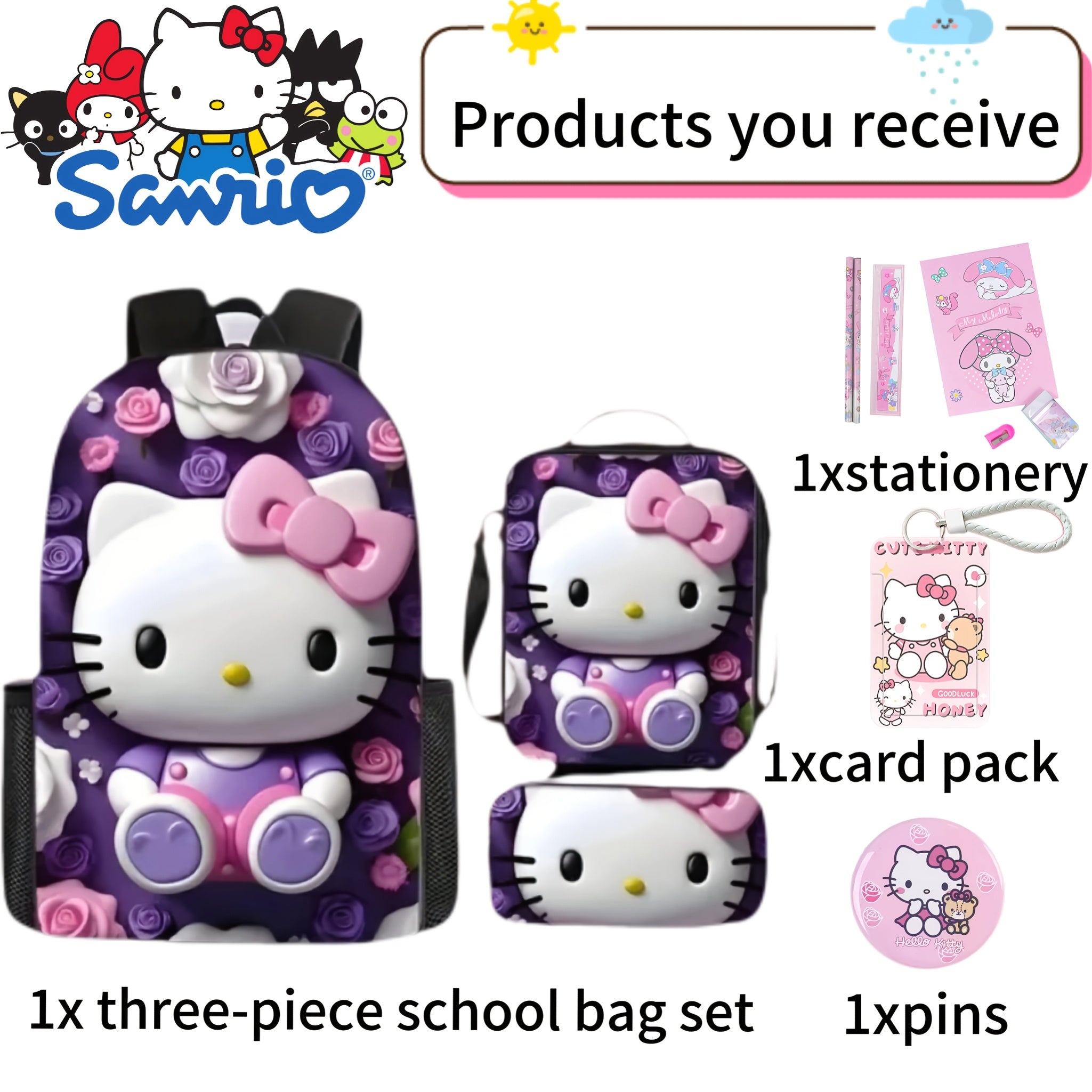 TEMU Certified 3pcs Hello Kitty Backpack Lunch Bag Pencil Case Set With Adjustable Shoulder Strap And Large Capacity Zipper Handbag, Comes With 1