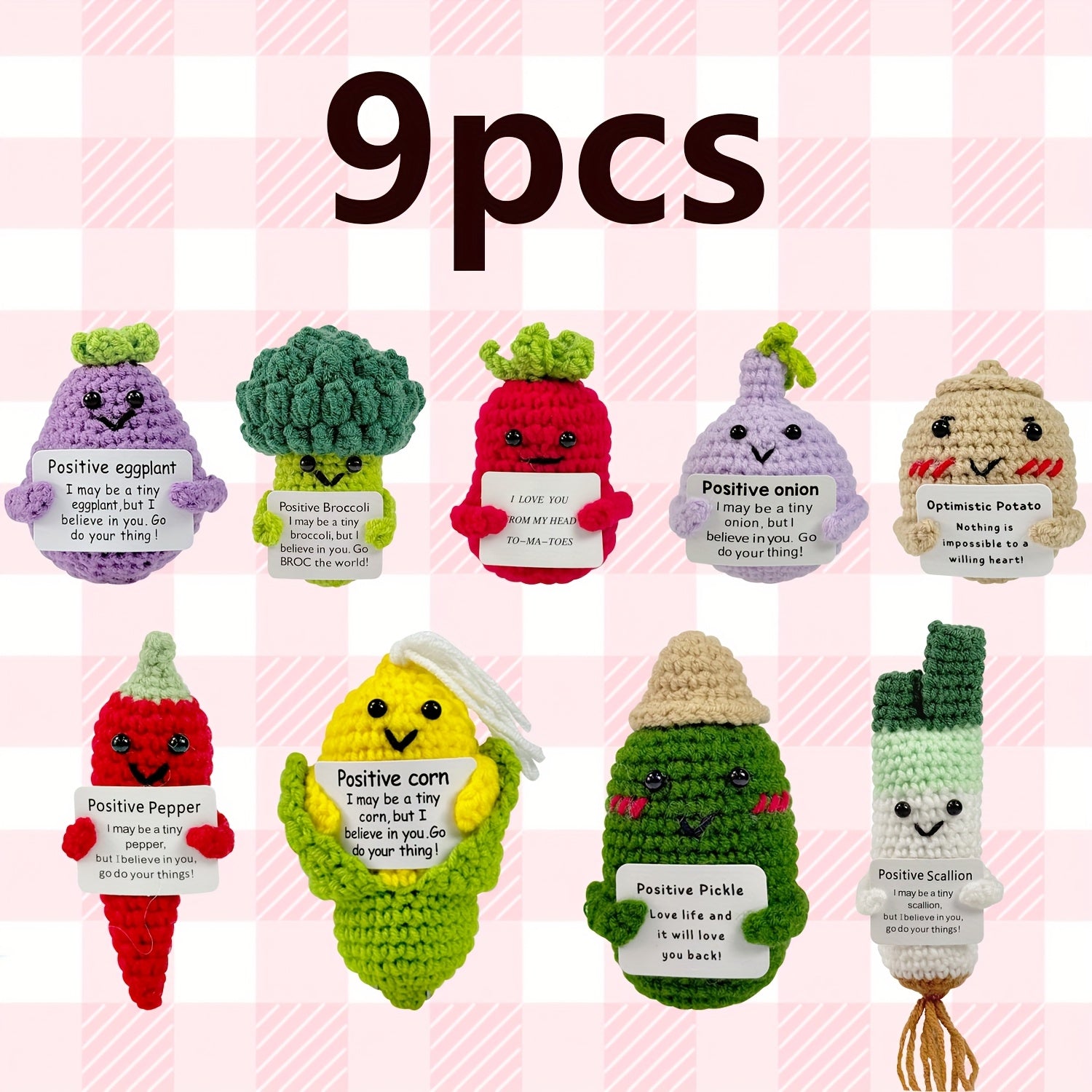 TEMU [okra]9pcs Handmade Emotional Support Crochet Vegetable Series Set, Collectible Dolls, Emotional Support Pickle, Emotional Support Plushies,