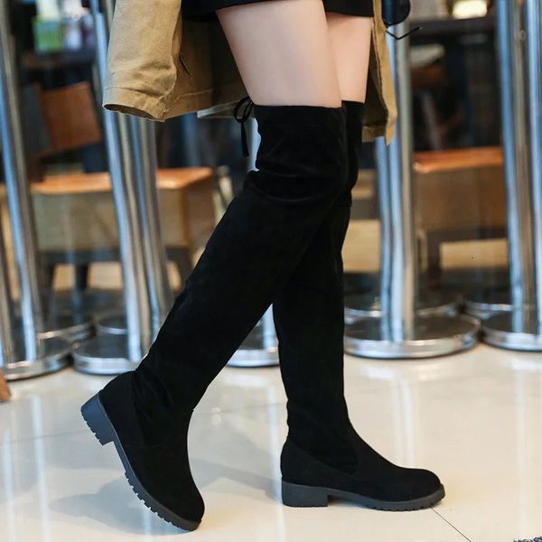 2025 artificial suede womens high heels autumn-winter zipper elastic knee high boots womens tube lace high heels black Botas 241106