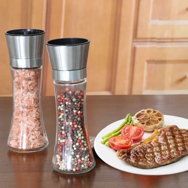 Leeseph 18-8 Brushed Stainless Steel Pepper Mill and Salt Mill, 6 Oz Glass Tall Body, 5 Grade Adjustable Ceramic Rotor