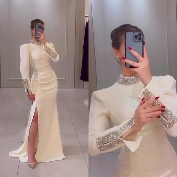 Exquisite Beaed Collar Mermaid Wedding Dresses Thigh High Slits Long Sleeve Bride Reception Gown Satin Sweep Train Engagement Party Dress
