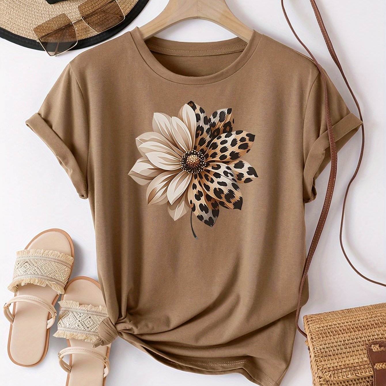 TEMU New Women's Vintage Floral And Leopard Print Round Neck Short Sleeve T-shirt, Breathable And Comfortable Loose Fit For Spring And Summer, Casual