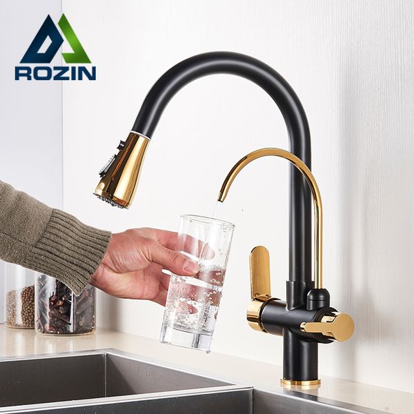 Kitchen Faucets Black and Golden Filtered Crane For Pull Out Sprayer drinking water Three Ways Water Filter Tap Faucet cold 230510