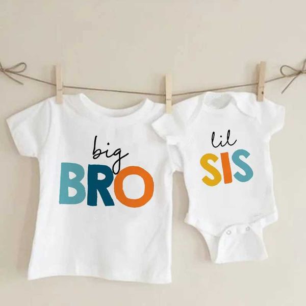New Arrival Big Bro Lil Sis Printed Round Neck T-shirt for Baby Kids Brother and Sister Matching T-shirts in Summer Big Sis Lil Bro Series T