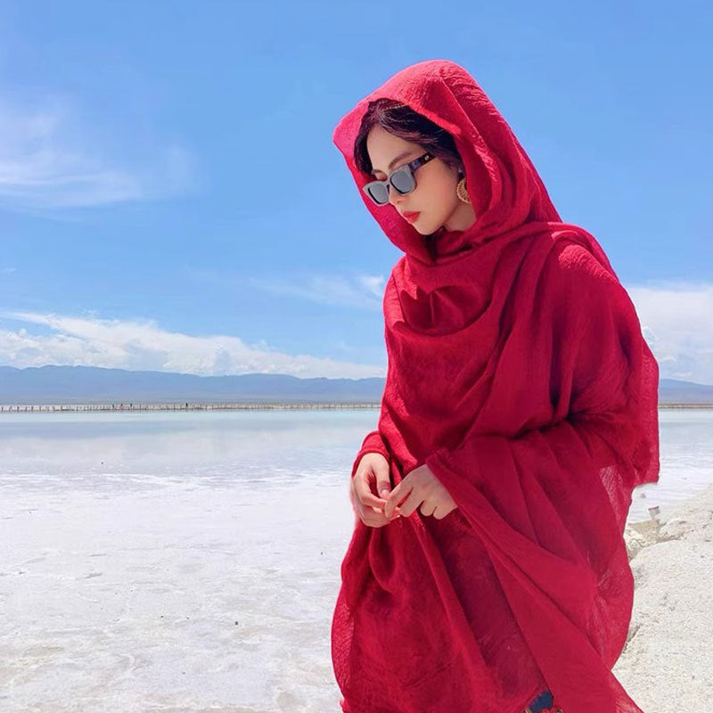 P566 Qinghai Chaka Salt Lake Tourism Photography Red Cotton Scarf Women&#039;s Desert Sunscreen Shawl Seaside Tourism Scarf