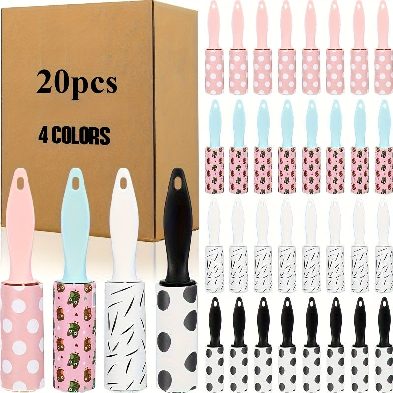 TEMU 20pcs Of Mini Lint Rollers For Pet Hair Removal - In (pink, Blue, White, Black) And 4 Patterns - Portable Travel Size, Suitable For Clothing,