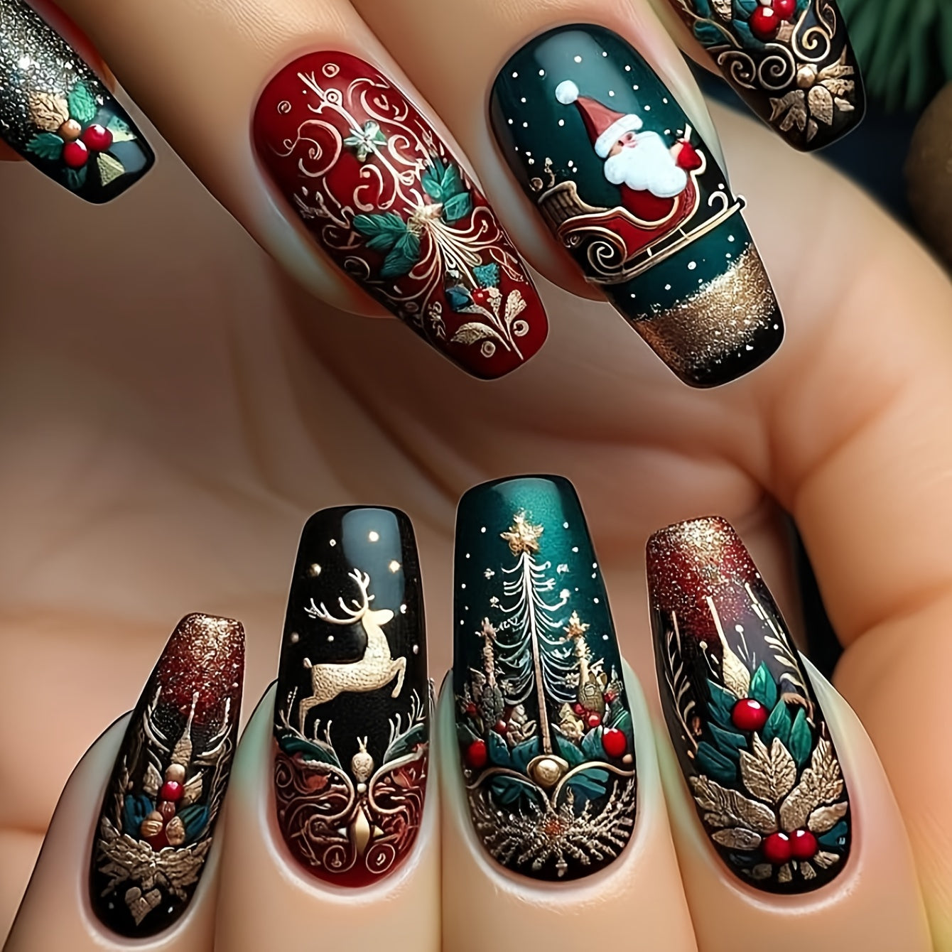 TEMU 24pcs Christmas Nail Art Set, Long Press-on Nails, Red & Green Gradient With Golden, Reindeer & Christmas , Glossy Finish, Includes Jelly Glue &