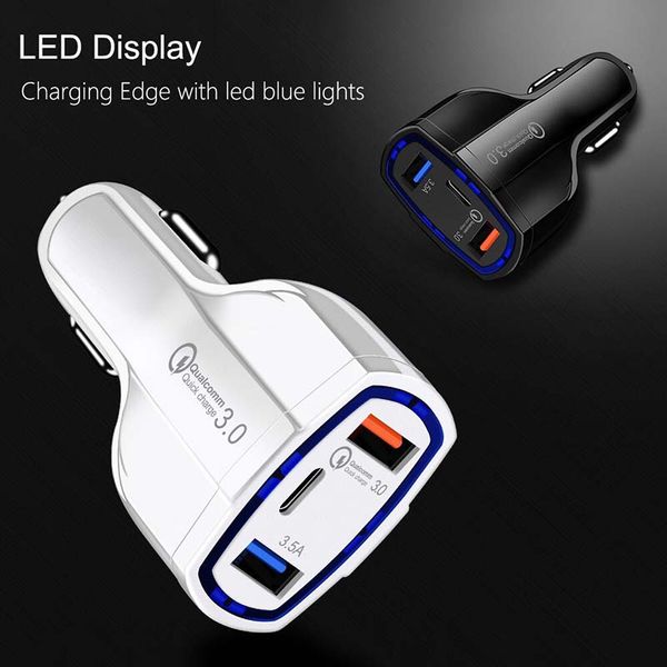 828DD 3-Port Car Charger 3.5A USB QC3.0 Type-C Fast Charging for iPhone Xiaomi Samsung Mini Quick Chargers Vehicle Adapter without Package