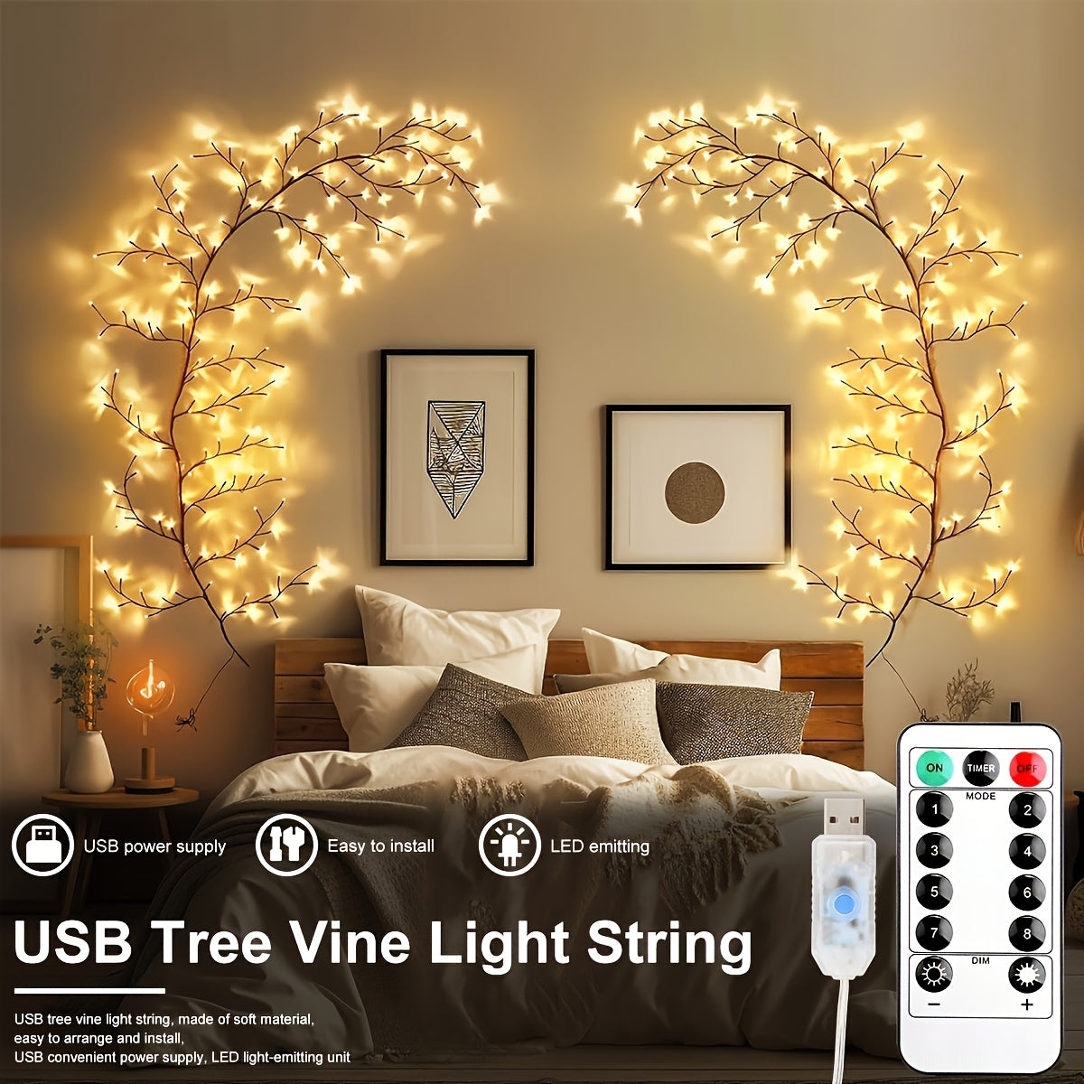 TEMU 2pcs-1pc 96 Led 6-foot Flexible Brown Vine, 96 Led Flashing Willow Fairy Lights - Usb-powered, 8 , Suitable For Wall, Desktop, Stairs, Wedding