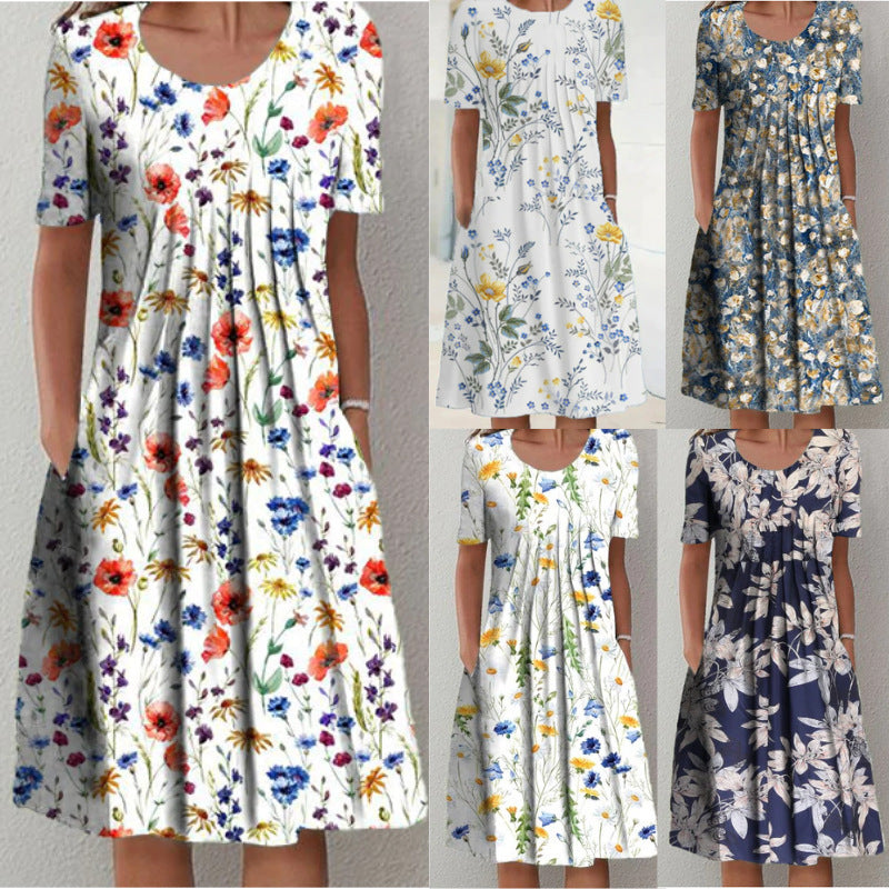 001 European and American plus size spring and summer women&#039;s elegant large swing skirt round neck printed short sleeve dress