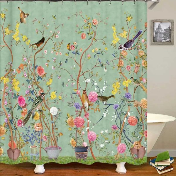 Chinese style flowers and bird plants shower curtains bathroom curtains waterproof bathroom decorations with hooks 3D printed bathroom curta
