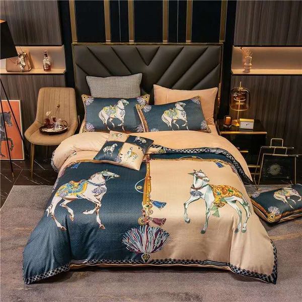 Bedding sets Green Silk Horse Printed Orange Designer Bedding Set - Queen Size Duvet Cover Bed Sheet Fashion cases Comforter Set H250113