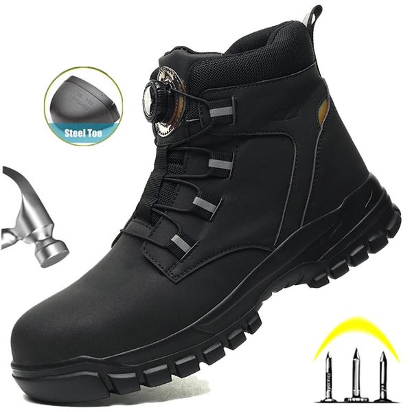 Rotating button mens work shoes anti perforation work sports shoes waterproof black work safety shoes anti slip steel shoe heels 241108