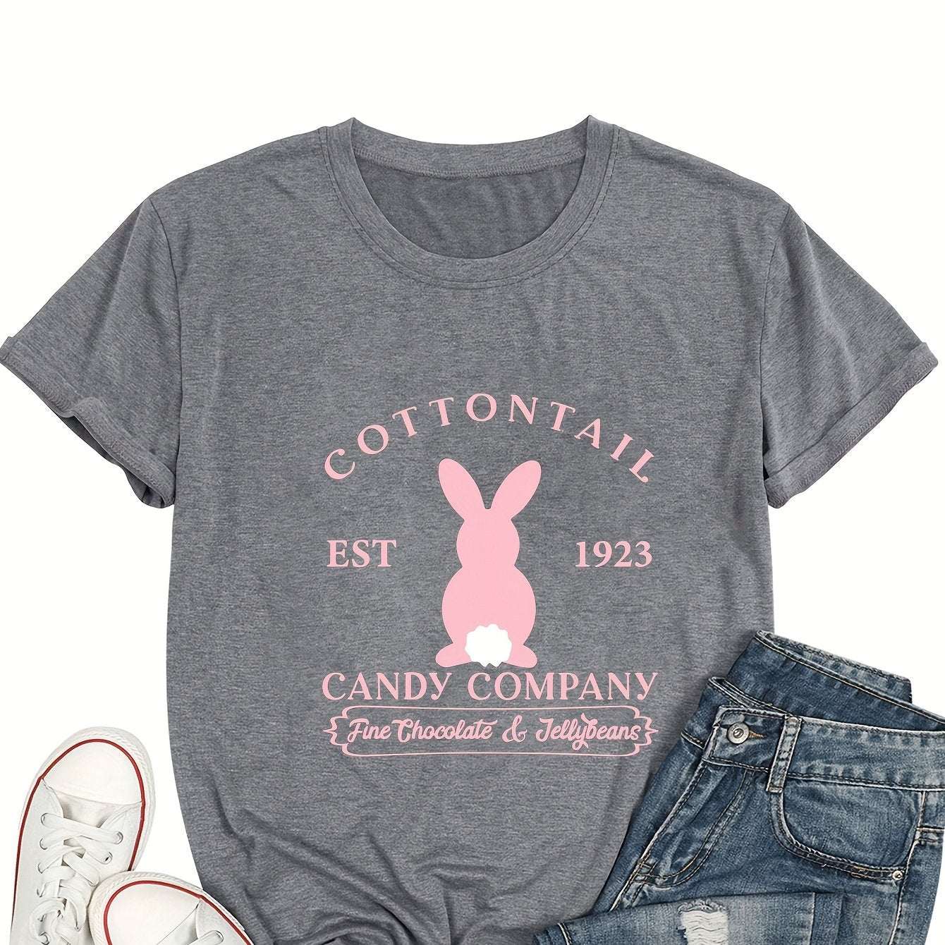 TEMU Easter-rabbit Pattern-print Crew Neck T-shirt, Spring-summer Casual Short-sleeved T-shirt, Women's