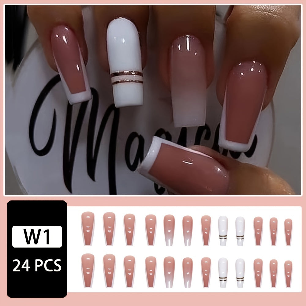 TEMU Showcase Your 24pcs Minimalist Elegant White-edge Golden Stripe Glossy Whitening False Nails, A Fashionable Press-on Nail Set For Women And S,
